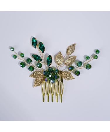 Teyglen Bridal Gold Hair Comb with Green Flower Rhinestones - Vintage Crystal Bride Hair Accessory - Buy Online on GoSupps.com