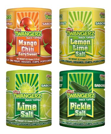Twang Twangerz Flavored Salt Snack Topping - Lime, Lemon Lime, Mango Chili & Dill Pickle (Assorted, 4 Pack) Assorted 1.14 Ounce (Pack of 4)