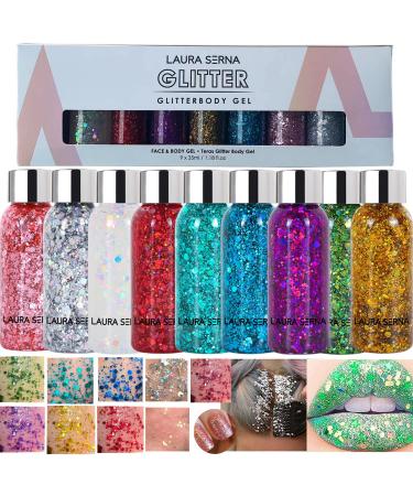 9 Pack Body Glitter Gel Mermaid Sequin Chunky Glitter Face Hair Nail Lip Glitter Gel Lasting Sparkling Lotion Glitter Liquid Eye Shadow for Festival Birthday Makeup Party - Buy Online on GoSupps.com
