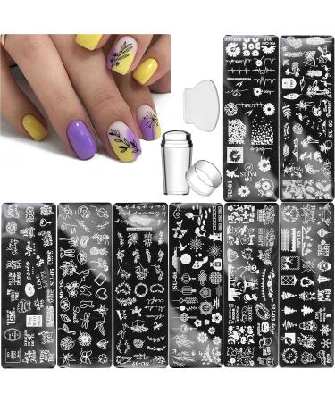 8Pcs Nail Stamping Plate +1 Stamper +1 Scraper Daisies, Leaves, Letters, Lines, Lips, Flowers, Skeletons and Spring, Summer, Autumn and Winter Elements Design Nail Stamp Plates Set Nail Supplies
