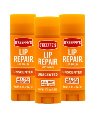 O'Keeffe's Unscented Lip Repair Lip Balm for Dry Cracked Lips Stick (Pack of 3) 0.15 Ounce (Pack of 3)