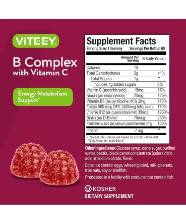 Vitamin B Complex Gummies with Vitamin C, B6, B12, Niacinamide, Folic Acid, Biotin, Calcium - 60 Strawberry Chewable Gummy Chews - Energy & Nerve System Support - Buy Online on GoSupps.com