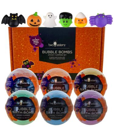 Spooky Bubble Bath Bombs for Kids with Surprise Halloween Squishy Toys Inside by Two Sisters. 6 Large 99% Natural Fizzies in Gift Box. Moisturizes Dry Skin. Releases Color, Scent, Bubbles 6-Pack Halloween