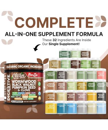 Clean Nutra Wormwood Black Walnut Pumpkin Seed Clove Oil Celery Garlic Grape Papaya Neem Diatomaceous Earth Womens Probiotic Gut Health Cleanse Detox Oregano Olive Turmeric Supplement Vegan Capsules - Buy Online on GoSupps.com