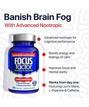 Focus Factor Lions Mane Plus Advanced Nootropic with L-Theanine Caffeine Focus and Energy (60 Count) 60 Count (Pack of 1) - Buy Online on GoSupps.com