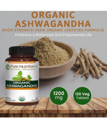 Pure Nutrition Organic Ashwagandha Tablets - 600mg | 120 Count | USDA Organic Certified | Ayurvedic Herb for Vata & Pitta Balance | Non-GMO | Gluten-Free - Buy Online on GoSupps.com