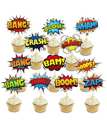 SuperHero Boom Cupcake Toppers 48 Pack Happy Birthday Cake Decor for kids Hero Theme Birthday Party Supplies Celebrating Party Events Baby Shower