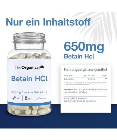 Buy Theorganical Betaine HCL 650 mg | 365 High-Dose Heartburn Capsules | Made in Hamburg | Pure & No Additives | International Shipping - Buy Online on GoSupps.com