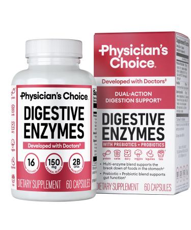 Physician's CHOICE Digestive Enzymes - Multi Enzymes Organic Prebiotics & Probiotics for Digestive Health & Gut Health - Meal Time Discomfort Relief & Bloating - Dual Action Approach - 60 CT 60 Count (Pack of 1)
