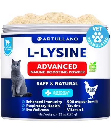 L-Lysine for Cats - Lysine Powder Supplement - 900mg/serving - Immune Support for Cats & Kittens - Sneezing, Runny Nose, Squinting, Watery Eyes, Cold, Eye Function, Respiratory Health - with Taurine White L-Lysine