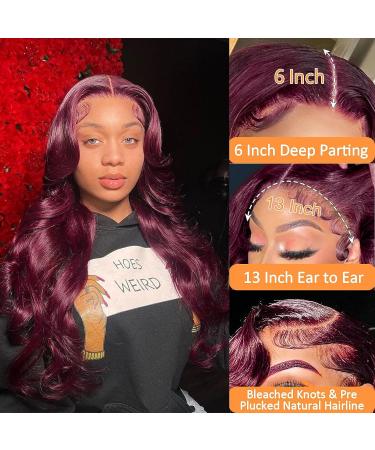 Burgundy 99j Lace Front Human Hair Wig 26 Inch | 180% Density Body Wave | Pre Plucked, Bleached Knots | for Black Women - Buy Online on GoSupps.com