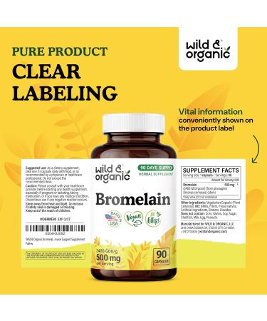 Wild & Organic Bromelain 500 mg Capsules - Digestive Support - Natural Bromelain Supplement - Pineapple Enzyme Source - Vegan No Fillers Non-GMO - 90 Count 90 Count (Pack of 1) - Buy Online on GoSupps.com