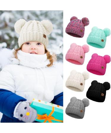 Baby Girls Double Pom Pom Bobble Hat - Warm Knitted Beanie for Toddlers 1-6Y, White - Buy Online on GoSupps.com
