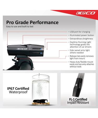 CECO-USA 1000 Lumen USB Rechargeable Bike Light - Waterproof & Impact Resistant - Super Bright Model F1000 Bicycle Headlight for Commuters, Road Cyclists & Mountain Bikers - Buy Online on GoSupps.com