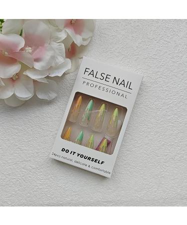 24Pcs Long Almond Press-On Nails | Rainbow Ice Cream French Tip Acrylics | Candy Colors for Women & Girls - Buy Online on GoSupps.com