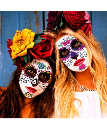 Day of the Dead Face Tattoos - 10 Sheet Halloween Temporary Tattoo Kit with Sugar Skull Design and Glitter Red Roses for Face and Body Makeup - Buy Online on GoSupps.com