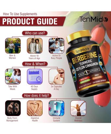 Tenmido Berberine Supplement - 7in1 Formula - Combine with Turmeric Royal Jelly Ceylon Cinnamon Ginkgo Biloba Ginger & Black Pepper - Digestive Health Immune Support - 120 Capsules - Buy Online on GoSupps.com