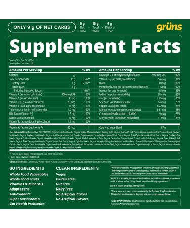 Gruns Adults Super Greens Gummies, Multivitamin Superfood Gummy Bears, Spirulina, Chlorella, Prebiotics & Fiber Gummies for Digestive Health, Adaptogens Supplement, 20 Vitamins & Minerals, 10 Count Low Sugar - Buy Online on GoSupps.com