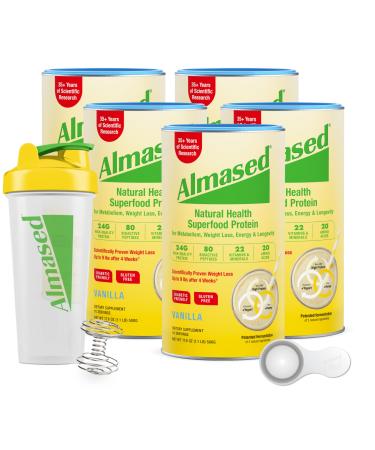 Almased | High Protein Shakes | Meal Replacement Shake | Meal Replacement Powder for Weight Loss with Shaker Bottle (Vanilla Flavor 5 Cans of 17.6 oz + Scoop)