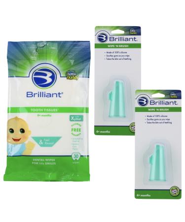 Brilliant Wipe N Brush -2 Silicone Toothbrushes and 30 ct. Tooth Tissues - Xylitol Dental Wipe Infants Mouth Cleaner 4-16 Months Old Infant Oral Cleaning Products Baby Registry Must Haves Green