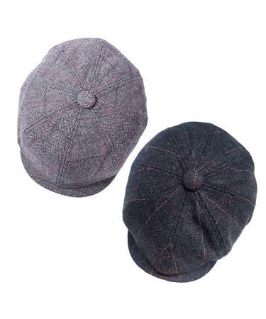 2 Pack Newsboy Hats for Men Classic 8 Panel Wool Blend Ivy Hat A-black/Grey