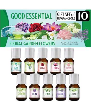 Floral Ocean Gardens Essential Oil Set - Pack of 10 (5ml each) with Lavender, Rose, Jasmine, Lilac, Lotus, Peony, Gardenia, Green Tea, Cucumber, Ocean Breeze Scents - Buy Online on GoSupps.com