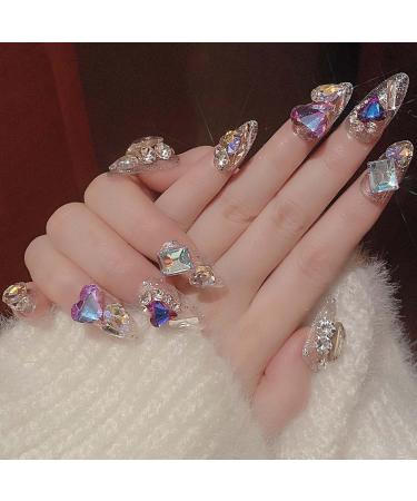 Almond Press on Nails | Medium Stiletto False Nails with 3D Jewel Rhinestones | Handmade Silver Glitter Full Cover Nails | Perfect Gift for Mother's Day - Buy Online on GoSupps.com