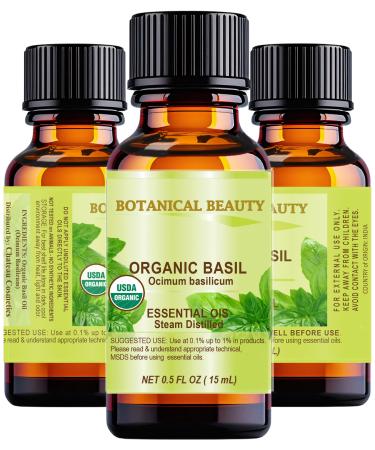 Botanical Beauty Organic Basil Essential Oil. 100% Pure for Beauty Skin Hair Aromatherapy Soaps Candles Reed 0.5 Fl Oz - 15 ml