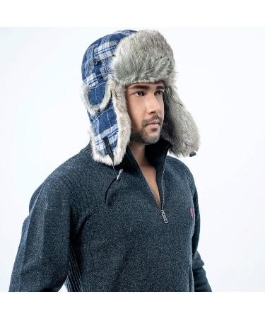 HEYANN Winter Trapper Hat - Plaid Faux Fur Russian Ushanka Aviator Hat - XX-Large Blue-grey - Buy Online on GoSupps.com