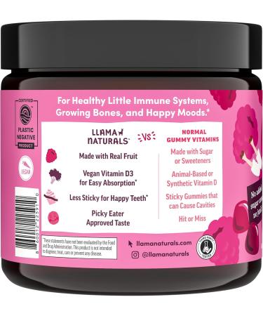 Llama Naturals Kids Vitamin D3 K2 Gummies Vegan Organic Children Toddler Vitamin D Gummies Real Fruit Gummy Vitamins No Added Sugar Cane Raspberry 60 Ct - Buy Online on GoSupps.com