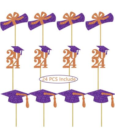 Graduation Cupcake Toppers Grad Party Decoration Food Picks Congrats Glitter Diploma Cap School Colors Supplies 24 PCS Purple Orange - Buy Online on GoSupps.com