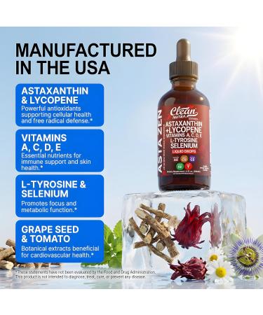 Clean Nutra Astaxanthin Lycopene Liquid Drops Absorption Support Vitamins A C D E 4 fl oz Potent Natural D3 C E A & Selenium L-Tyrosine Formula Pure Antioxidant Blend Enhanced Nutrient Uptake - Buy Online on GoSupps.com