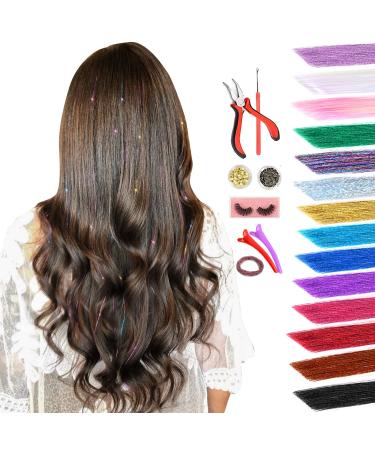 Hair Tinsel Kit, Tinsel Hair Extensions, 14 Colors Glittery Fairy Tensile Hair Heat Risitant with Tools for Women Girls(Plier+Pulling Needle+100 Dark Beads+100 Blonde Beads) 14 colors with tools