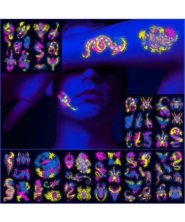 Neon Temporary Tattoos Glow In The UV Neon Tattoos Stickers 61 Glitter Styles Dragon Scorpion Spider Cool Fake Waterproof Tattoos for Men Women Party Decoration