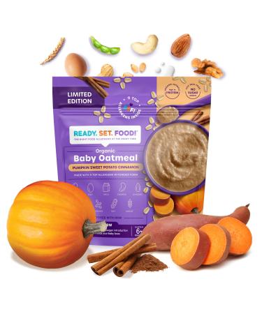 Ready, Set, Food! Organic Baby Oatmeal Cereal | Limited Edition Pumpkin Sweet Potato Cinnamon - 15 Servings | Organic Baby Food with 9 Top Allergens: Peanut, Egg, Milk, Cashew, Almond, Walnut, Sesame, Soy & Wheat | Unsweetened | Fortified with Iron Pumpki
