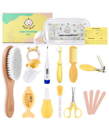 Soft Guru Baby Healthcare and Grooming Kit | Nursery Essentials for Newborns Gift Set | Includes Thermometer  Nail Clippers  Soft Brush & Baby Shower Basket Registry Items.