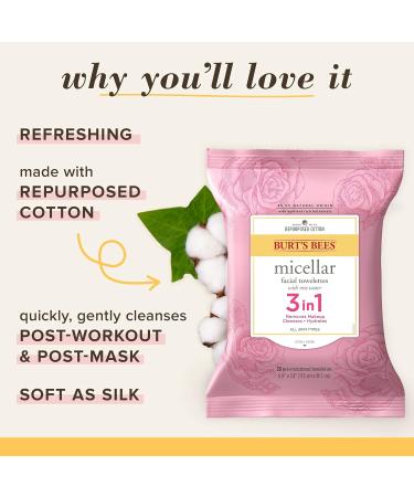 Burt's Bees 3-in-1 Hydrating Micellar Cleansing Towelettes with Rose Water - 30 Count (Pack of 3) | For All Skin Types - Buy Online on GoSupps.com