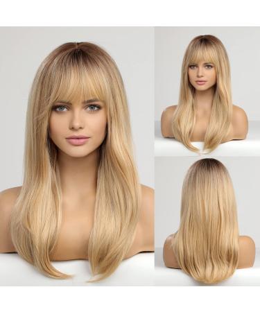 HAIRCUBE Long Blonde Wigs for Women Straight Wigs with Fringe Synthetic Layered Hair Wig with Dark Roots - Buy Online on GoSupps.com