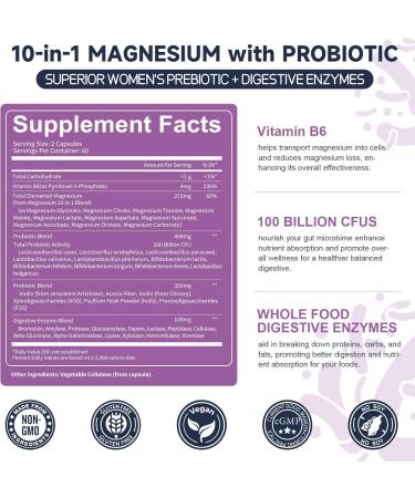10-in-1 Magnesium Complex Supplement with Probiotics Prebiotics & Digestive Enzymes 100 Billion CFU Probiotics for Women Daily Probiotic for Muscle Sleep Calm Gut & Digestive Health Vegan Non-GMO - Buy Online on GoSupps.com