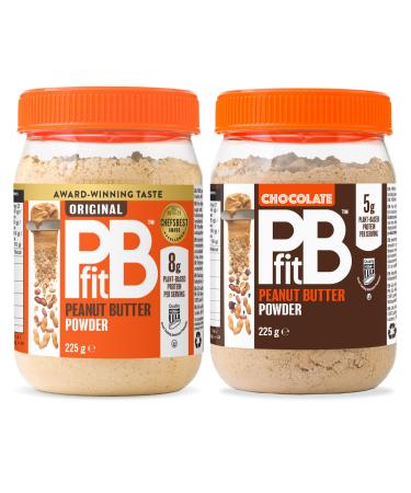 PBfit Peanut Butter Powder - Original & Chocolate - 87% Less Fat Gluten Free All Natural Nut Butter Spread - Powdered Peanut Butter from Real Roasted Peanuts - 225g (Pack of 2)