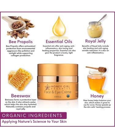 Honey Girl Organics Organic Face & Eye Cr me for Wrinkles, Dark Circles, Puffiness - Hydrating Formula with Honey, Beeswax, Essential Oils, EVOO (1.75 oz) - Buy Online on GoSupps.com