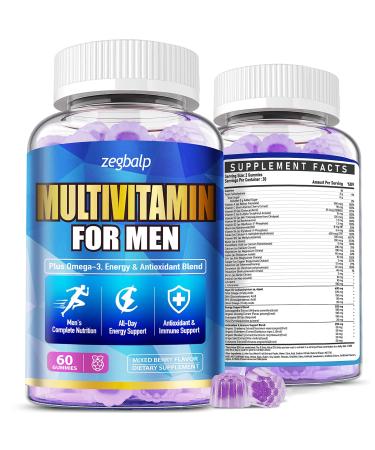 Mens Multivitamins Gummies with Methylated Vitamins - Vegan Omega-3 CoQ10 Vitamin A C D3 K2 B12 Calcium Zinc Grape Seed Support Energy & Antioxidant - Multivitamin for Men Gummies Sugar-Free Mixed Berries 60 Count (Pa