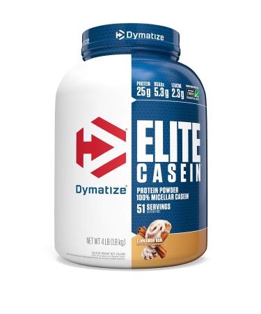 Dymatize Elite Casein Protein Powder Slow Absorbing with Muscle Building Amino Acids 100% Micellar Casein 25 g Protein 5.4 g BCAAs & 2.3 g Leucine Helps Overnight Recovery Cinnamon Bun 64 Oz Cinnamon Bun 4 Pound (...