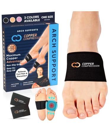 Copper Compression Copper Large Size Arch Support - 2 Pain Relief Foot Care Brace Sleeves for Plantar Fasciitis Heel Spurs - Wider Bigger Feet - Flat & Fallen Arches High Arch - One Size Plus - 1 Pair - Black Black - Plus Size
