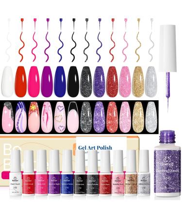 Beetles Gel Polish Nail Art Gel Liner Set-12 Color Reflective Glitter Black White Hot Pink Gel Art Paint for Swirl Nail Built Thin Nail Art Brush in Bottle Gel Pen Soak Off Led Lamp Manicure Kit 12 CLOLORS SET