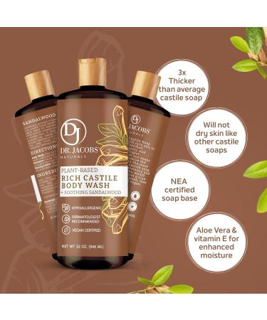 DR. JACOBS NATURALS Castile Sandalwood Body Wash - All-Natural Moisturizing Shampoo for Dry & Sensitive Skin | Gluten & Preservatives-Free | 32 oz with Pump - Buy Online on GoSupps.com