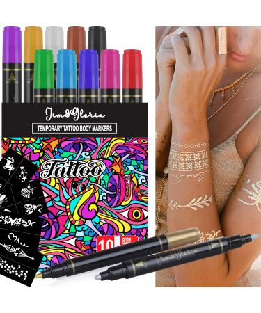 Jim&Gloria Body Art Tattoo Pen Dual Tip 10 Colors Fake Tattoos Temporary Tattoo Kit For Men Women Sleeves Teen Girls Trendy Stuff for Birthday Friendsgiving Thanksgiving and Christmas Party Gifts