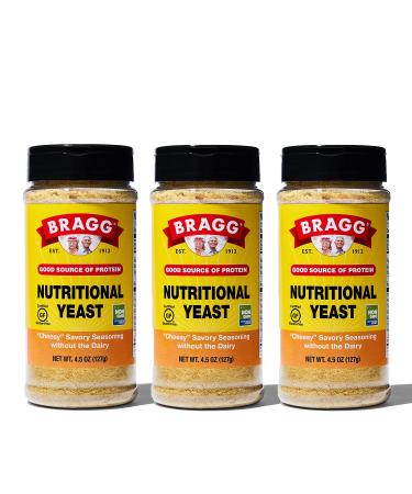 Bragg Nutritional Yeast Seasoning  Vegan, Gluten Free Cheese Flakes  Good Source of Protein & Vitamins  Nutritious Savory Parmesan Cheese Substitute  Non GMO Verified, 4.5 ounce, 3-Pack