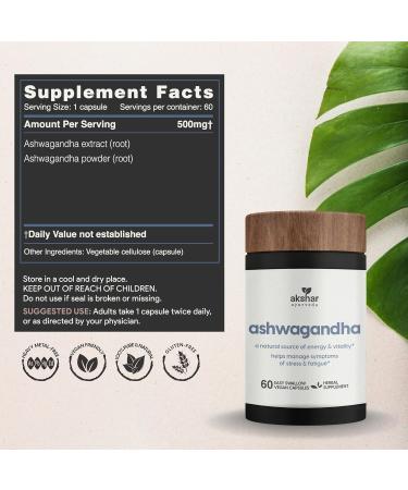 AKSHAR Ayurveda - Ashwagandha Capsules with Ashwagandha Root Extract and Powder - Adaptogenic Herbal Support - Vegan Cruelty-Free Ashwagandha Supplements (60 Count) - Buy Online on GoSupps.com