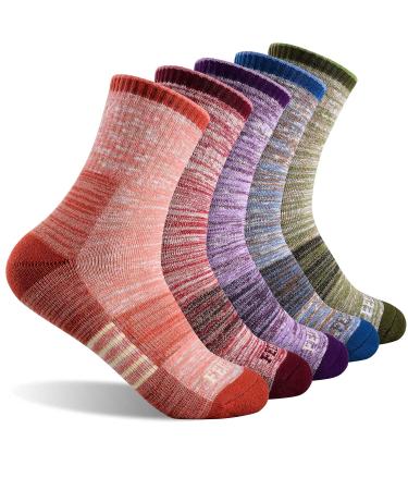 FEIDEER Women's Hiking Walking Socks, Multi-pack Outdoor Recreation Socks Wicking Cushion Crew Socks Red/Blue/Green/Pink/Purple Medium